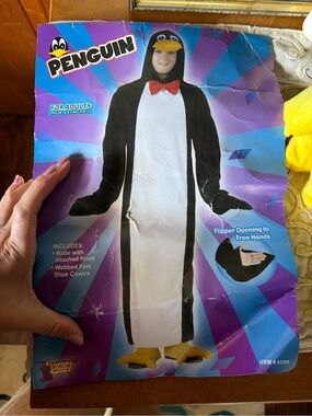 Penguin adult male Costume - Black & White Plush Robe with Red Bow
